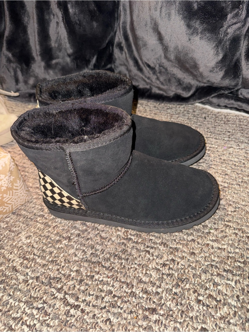 UGG Black Short Shearling Ankle Boots with Checker Heel Accent